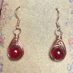 Vibrant Red Jade Wire Wrapped Earrings